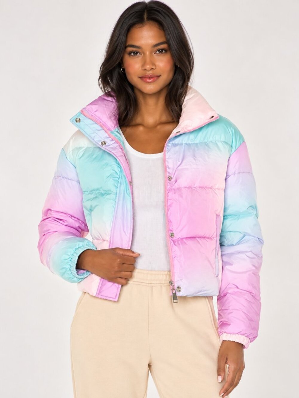 Nubyen REVOLVE Ombre Cropped Puffer Jacket Zip Snap Front Size L NWT